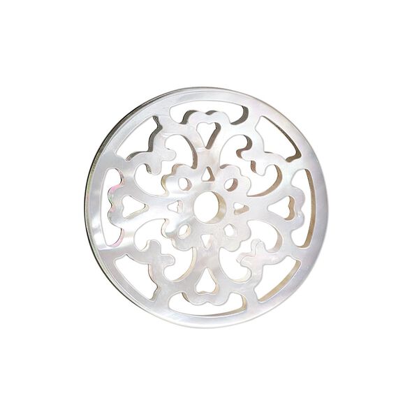 Component, black lip shell (natural), 25mm hand-cut two-sided round with cutout design, Mohs hardness 3-1/2. Sold individually. image number 0