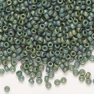 Seed bead, Miyuki 1pkg50g, glass, #8 rocaille, opaque matte gold luster sage green (RR-2031)