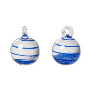 Drop, lampworked glass, blue and clear, swirl, 14mm round. Sold per pkg of 2.