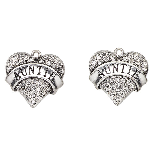 Charm, antique silver-finished enamel "pewter" (zinc-based alloy) and glass, clear and black, 24x23mm heart with "Auntie". Sold per pkg of 2. image number 0