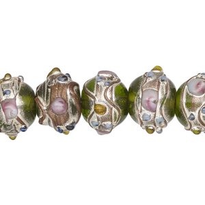 Bead, lampworked glass, transparent green and multicolored with silver- and gold-colored foil, 13x11mm rondelle. Sold per pkg of 30.