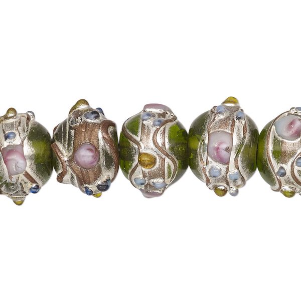 Bead, lampworked glass, transparent green and multicolored with silver- and gold-colored foil, 13x11mm rondelle. Sold per pkg of 30. image number 0