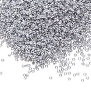 Seed bead, Miyuki, glass, pkg/35g, #15 rocaille, opaque luster ghost grey, (RR-443).