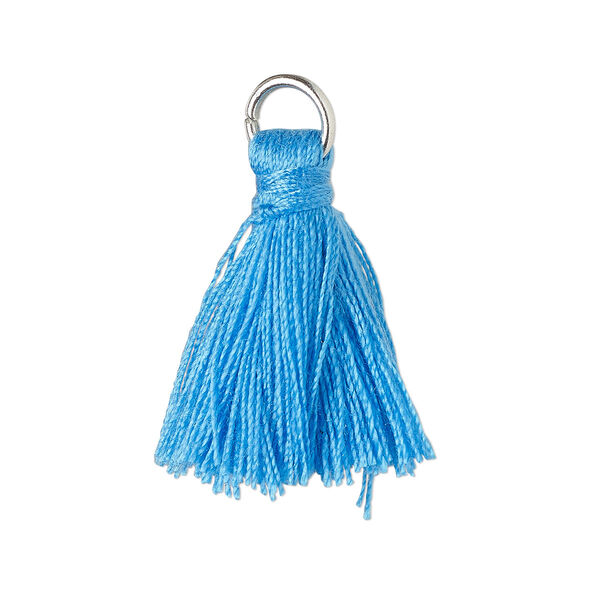 Tassel, cotton and imitation rhodium-finished steel, medium blue, 20-24mm mini tassel with 6mm open jump ring. Sold per pkg of 6. image number 0