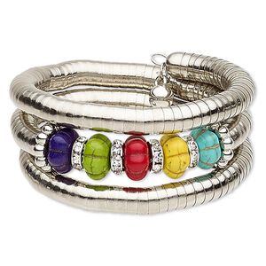 Bracelet, magnesite (dyed / stabilized) / glass rhinestone / steel memory wire / silver-coated plastic / silver-plated steel, multicolored, 32mm wide spiral, 7-inch adjustable. Sold individually.