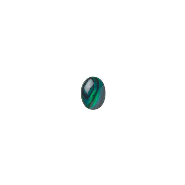 Cabochon, paua shell (dyed / coated), green, 8x6mm calibrated oval, Mohs hardness 3-1/2. Sold per pkg of 10. image number 0