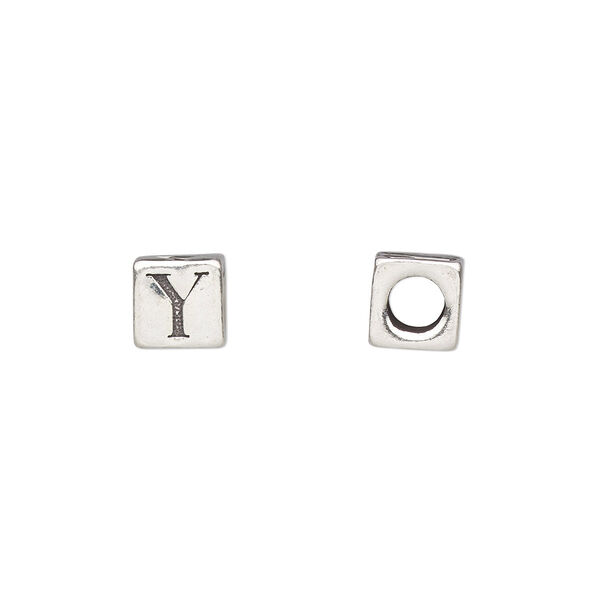 Bead, sterling silver, 5.5mm cube with alphabet letter "Y." Sold individually. image number 0