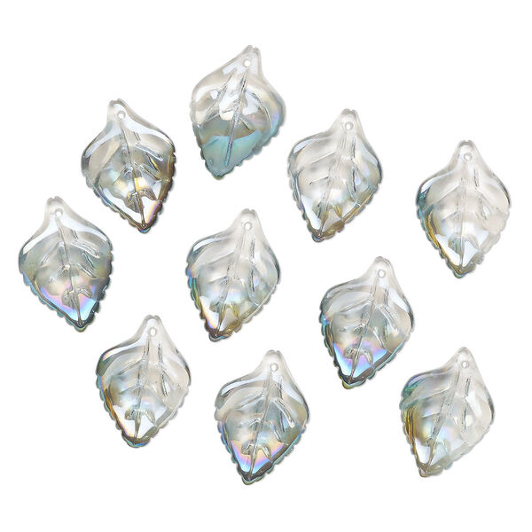 Drop, pressed glass, translucent metallic green rainbow, 23 x 16mm pressed leaf, top-drilled. top-drilled. Sold per pkg of 10. image number 0