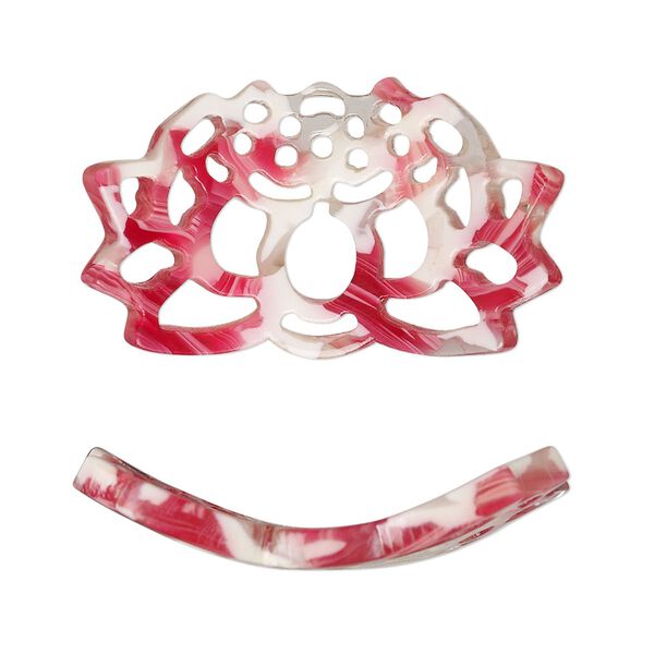 Focal, resin, pink / red / white, 32x19mm curved lotus flower with cutouts. Sold per pkg of 4. image number 0