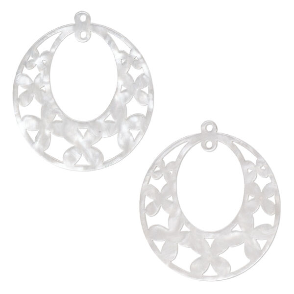 Focal, resin, white, 40x38mm oval go-go with flowers and loop. Sold per pkg of 2. image number 0