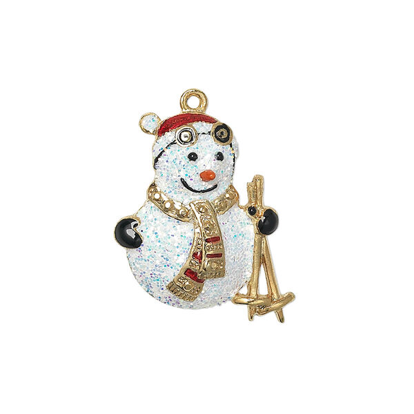 Charm, enamel and gold-finished "pewter" (zinc-based alloy), multicolored with glitter, 24x19mm single-sided snowman with skis. Sold individually. image number 0