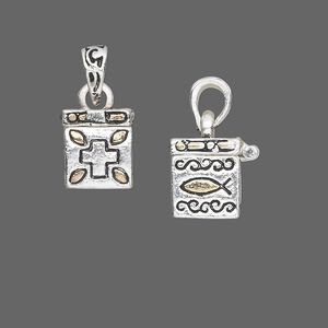 Drop, antique silver- and gold-finished "pewter" (zinc-based alloy), 13x11mm cube prayer box with assorted designs and magnetic closure. Sold individually.