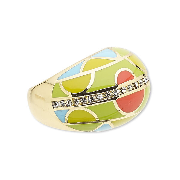 Ring, Avant-Garde Jewelry Collection, enamel / Czech glass rhinestone / gold-plated brass, multicolored, 19mm wide with geometric design, size 8-1/2. Sold individually. image number 0