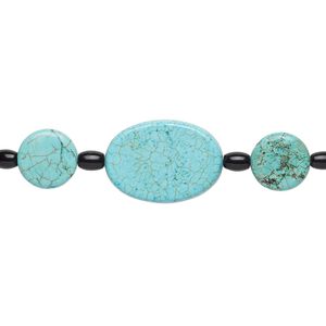 Bead mix, "turquoise" (imitation) resin / rose quartz (dyed) / glass, light blue and black, 6mm-35x25mm mixed shape. Sold per pkg of 7.