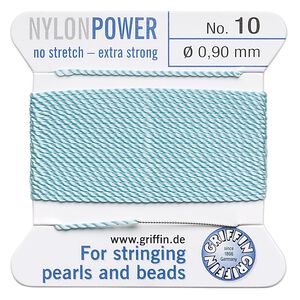Thread, Griffin, nylon, turquoise blue, size #10. Sold per 2-meter card (approximately 78 inches).