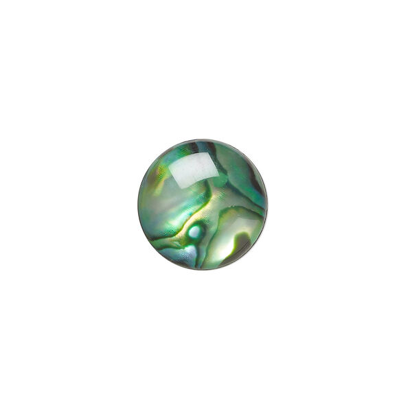 Cabochon, paua shell (coated / dyed), green, 12mm calibrated round, Mohs hardness 3-1/2. Sold per pkg of 4. image number 0