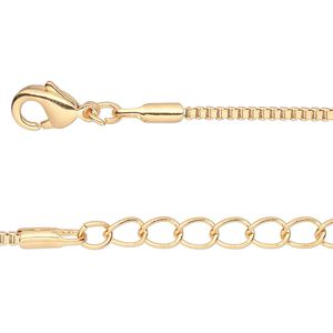 Chain, gold-finished brass, 1.5mm Venetian box, 7-1/2 inches with 1-1/4 inch extender chain and lobster claw clasp. Sold per pkg of 6.