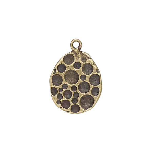 Drop, JBB Findings, antique brass-plated pewter (tin-based alloy), 18.5x15mm single-sided teardrop with textured bubble design. Sold per pkg of 2. image number 0
