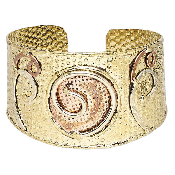 Bracelet, cuff, copper-plated and gold-finished brass, 40mm wide with hammered and spiral design, adjustable from 7-1/2 to 8-1/2 inches. Sold individually. image number 0