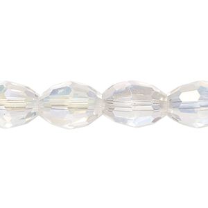 Bead,  glass, translucent clear AB, 13x10mm faceted oval. Sold per 7-inch strand, approximately 10 beads.