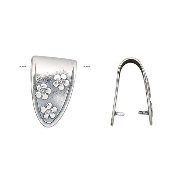 Bail, JBB Findings, fold over style, antiqued sterling silver, 16.5x10.5mm shield with flowers and 12mm grip length. Sold individually. image number 0