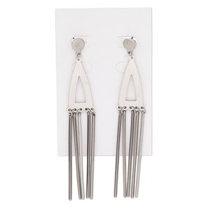 Earring, stainless steel, 3-1/2 inches with open triangle and fringe with post. Sold per pair.