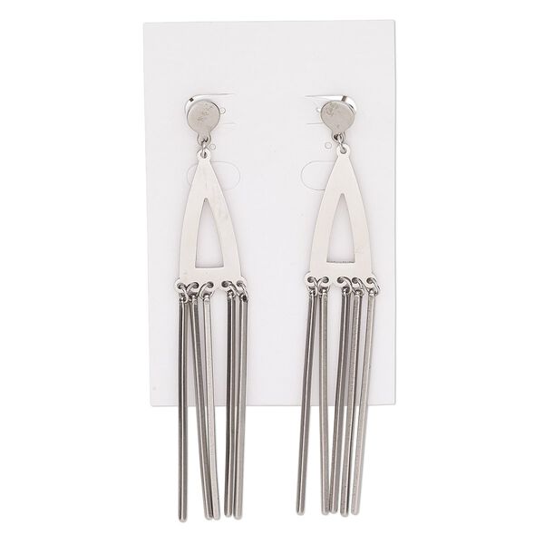 Earring, stainless steel, 3-1/2 inches with open triangle and fringe with post. Sold per pair. image number 0