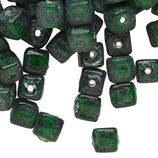 Bead, lampworked glass, translucent dark green, 8mm cube. Sold per 4-ounce pkg, approximately 150 beads. image number 0