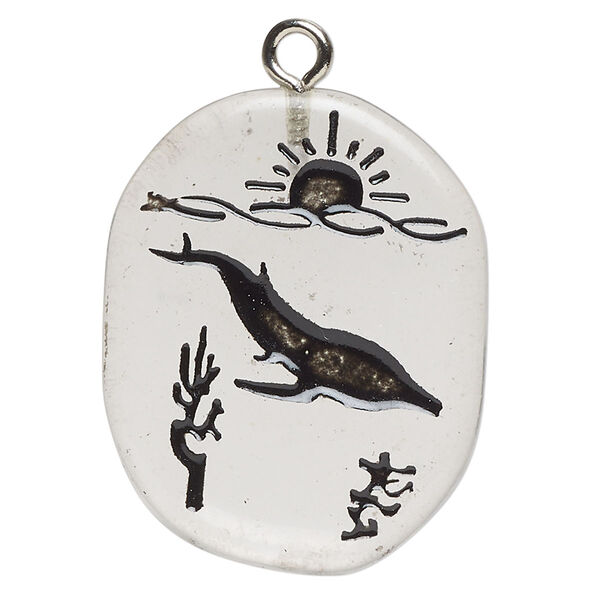 Focal, steel, pkg/1, silver finish enamel transparent black, 26x20-38x31mm freeform oval. image number 0