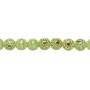 Bead, millefiori glass 1pkg1, translucent light green / red / white, 6mm round, 15 inches.