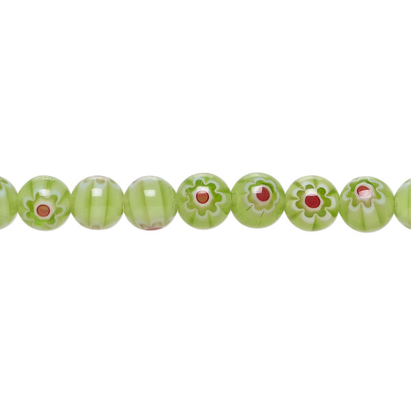 Bead, millefiori glass 1pkg1, translucent light green / red / white, 6mm round, 15 inches. image number 0