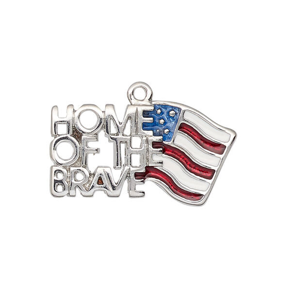 Charm, enamel and silver-finished "pewter" (zinc-based alloy), red / white / blue, 28x15mm single-sided American flag with "HOME OF THE BRAVE." Sold individually. image number 0
