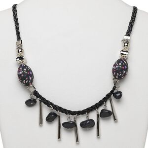 Necklace, blackstone (dyed) / polymer clay / silver-colored plastic, multicolored, 28x20mm oval on braided leather, 28 inches with black leather knot and loop closure. Sold individually.