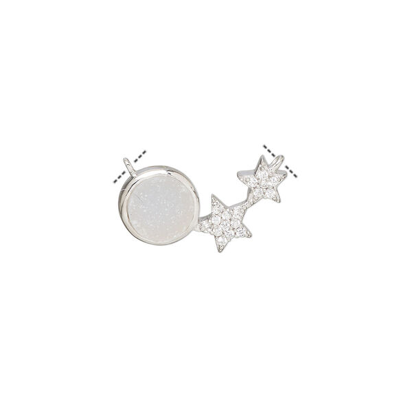 Link, cubic zirconia / druzy agate (natural) / rhodium-plated sterling silver, clear and white, 18x10mm single-sided overall with 7mm round and (2) stars. Sold individually. image number 0
