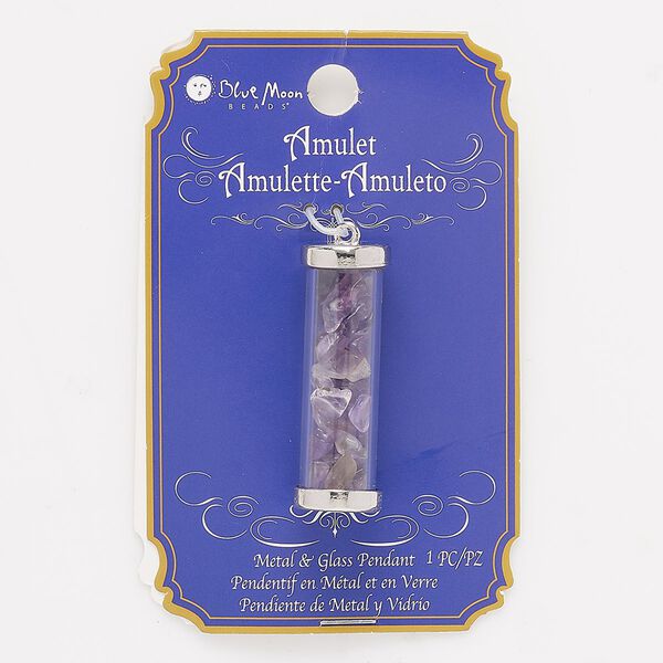 Focal, amethyst (natural) / glass / silver-finished "pewter" (zinc-based alloy), clear, 42x14mm round tube with chips. Sold individually. image number 0