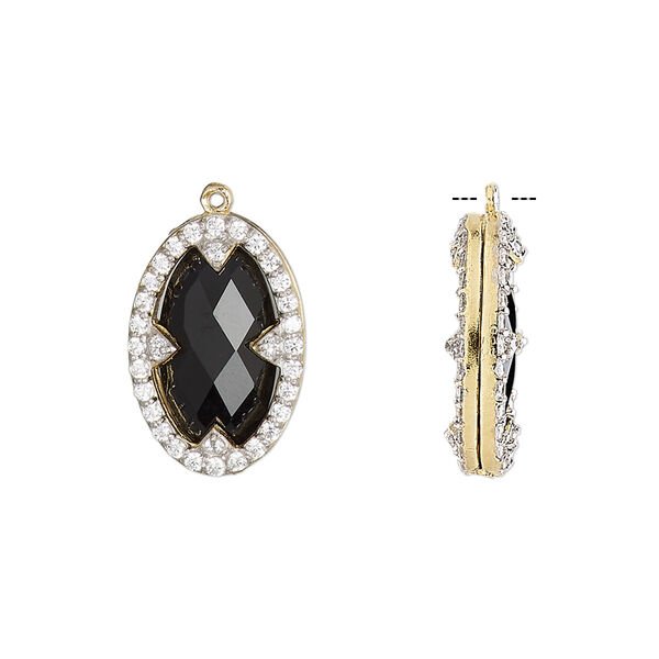 Drop, black onyx (dyed) / cubic zirconia / gold-finished sterling silver, clear, 18x12 double-sided faceted oval. Sold individually. image number 0