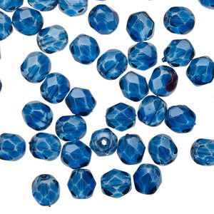 Bead 1pkg60 Czech fire-polished glass, 6mm faceted round, translucent dipped décor sapphire blue