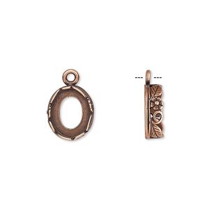 Drop, JBB Findings, antique copper-plated brass, 12x10mm oval with open back and flower and leaf design trim, 10x8mm oval bezel setting. Sold per pkg of 2.