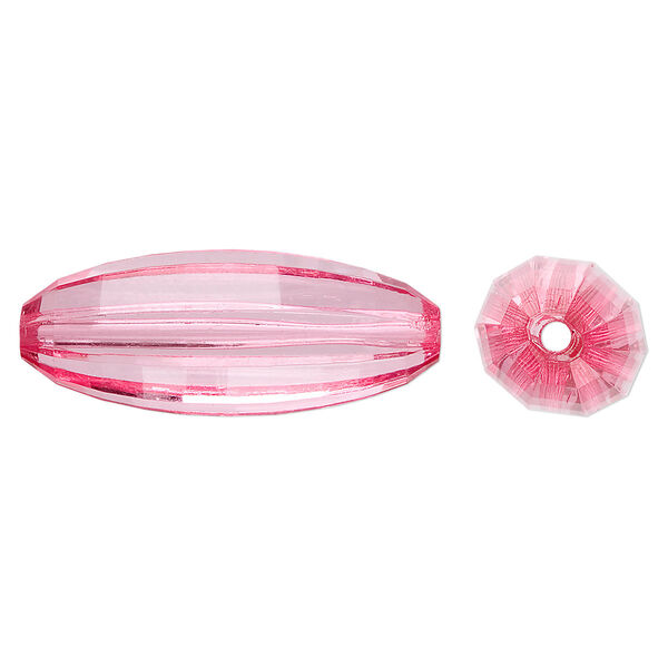 Bead, acrylic, pink, 33x12mm faceted long oval. Sold per 100-gram pkg, approximately 30 beads. image number 0