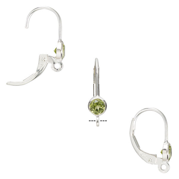 Ear wire, peridot (natural) and sterling silver, 4mm faceted round, 17mm leverback with open loop. Sold per pair. image number 0