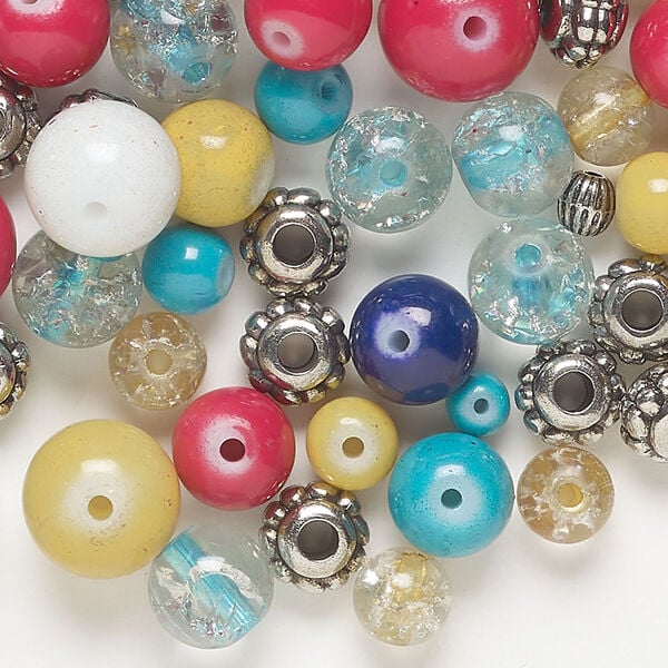Bead mix 1pkg1, glass / crackle glass / CCB plastic, opaque to translucent mixed colors, 4x3mm-10x5mm mixed shapes, 8 ounces. image number 0