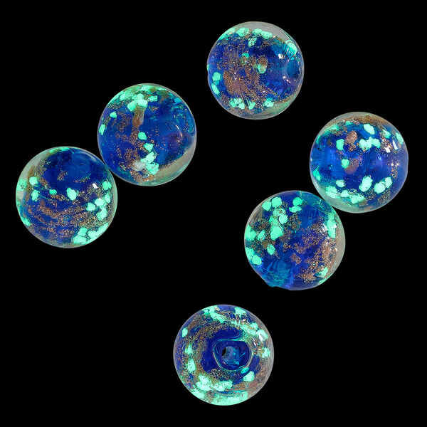 Bead, lampworked glass, clear / cobalt blue / glow-in-the-dark / gold, 10mm round. Sold per pkg of 6. image number 1