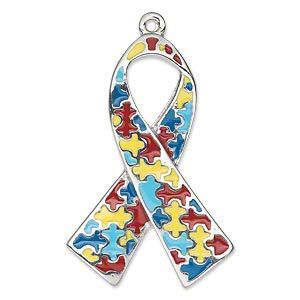 Focal, silver-plated "pewter" (zinc-based alloy) and enamel, multicolored, 37x25mm single-sided awareness ribbon with puzzle pieces. Sold individually.