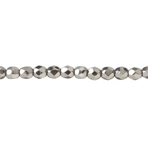 Bead, fire-polished, metallic grey glass, opaque clear, 4mm faceted round. Sold per 15-1/2 to 16-inch strand.