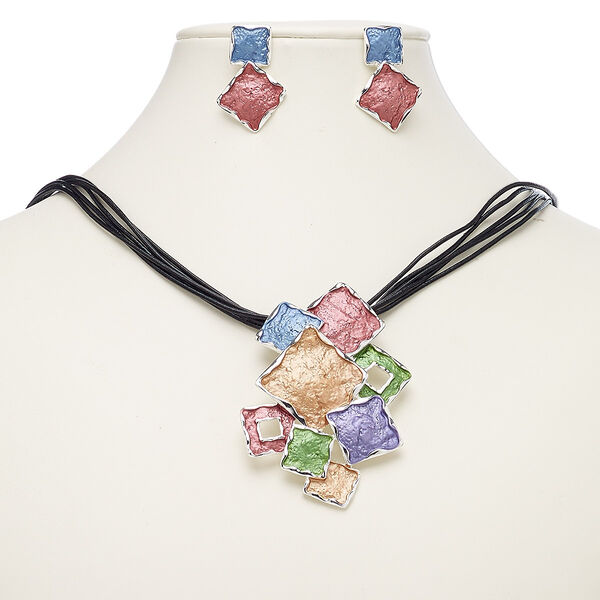 Necklace and earring set, 5-strand, enamel / leather (dyed) / imitation rhodium-finished brass / "pewter" (zinc-based alloy), multicolored, 2-3/4 x 1-3/4 inch squares, 18-inch necklace with 2-inch extender chain and lobster claw clasp, 32mm earrings with post. Sold per set. image number 0
