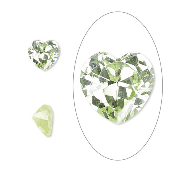 Gem, cubic zirconia, peridot green, 8mm faceted heart, Mohs hardness 8-1/2. Sold individually. image number 0