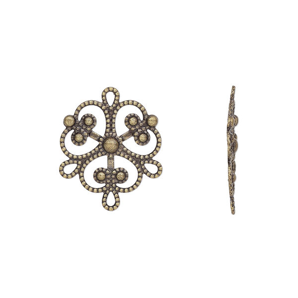 Drop, antique brass-finished brass, 19mm single-sided fancy round with 3 loops. Sold per pkg of 10. image number 0