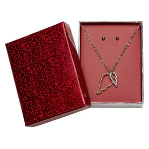 Necklace and earring set, glass / gold- / silver-finished pewter (tin-based alloy) / gunmetal- / gold-finished steel, clear, 25x13mm double open wing, 16 inches with 3-inch extender chain and lobster claw clasp, 3mm earrings with round and post. Sold per set.