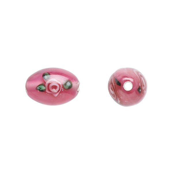 Bead, Czech lampworked glass, opaque pink and green, 12x8mm-13x9mm olive with flower design. Sold per pkg of 4. image number 0