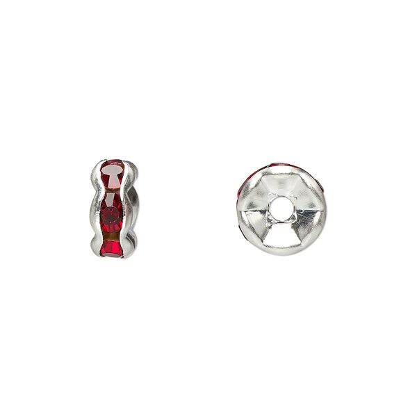 Bead, glass rhinestone and silver-plated brass, garnet red, 8x4mm rondelle. Sold per pkg of 10. image number 0